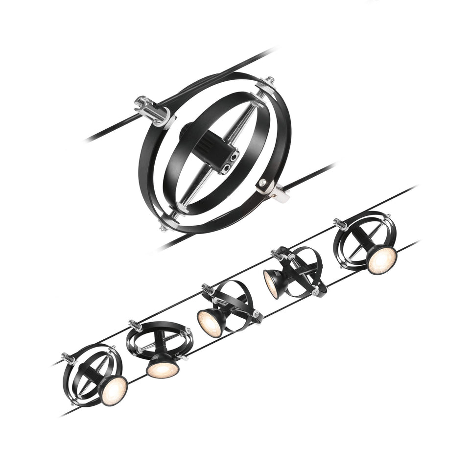 KABELSYSTEEM 230-12VOLT "" KARDAN "" MAT/ZWART/CHROOM 5 LICHTS MAX 60WATT  ART NR: P94440%