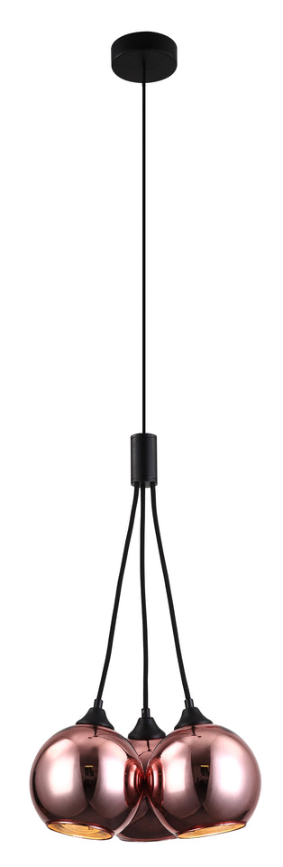 HANGLAMP "" BOGODO '' ZWART  3 LICHTS GLAS BOLLEN KOPER KLEURIG   ART NR 23416193/